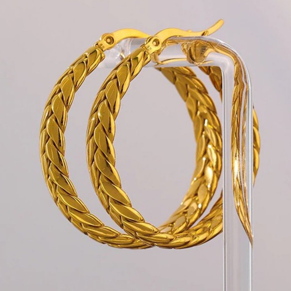 NEW 14K Yellow Gold Elyvian Boho Twisted Chain Statement Luxury Hoop Earrings